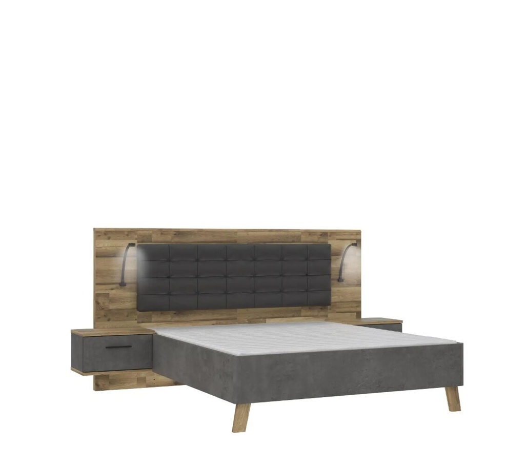 Lit 140x190cm chevets intégrés RICCIANO imitation chêne béton gris