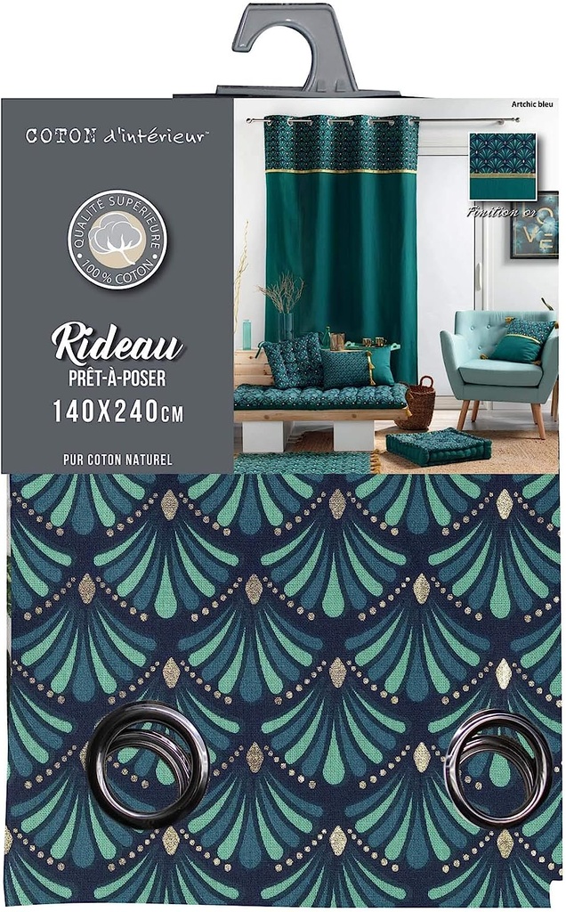 Douceur d'intérieur rideau a oeillets 140 x 240 centimetre coton uni+top  metallise artchic bleu